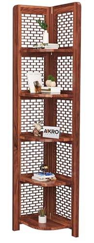 Image of Sheesham Wood Brick Corner Shelf for Living Room Bedroom Home | CNC 5 Tier Corner Bookshelf | Wooden Ladder Bookcase Display Unit (Honey Finish)