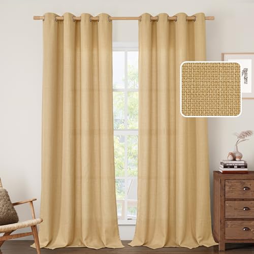 Image of LAMIT Caramel Brown Linen Curtains for Living Room, 84 Inch Faux Linen Textured Light Filtering Privacy Drapes Grommet Window Panels for Farmhouse /Bedroom, Set of 2 Panels, 52 x 84 Inch