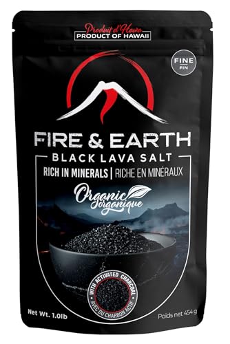 Fire & Earth - Organic Black Lava Salt - 1.0lb - Hawaiian Lava Black Sea Salt - Black Salt,- Gourmet Finishing Salt for Seasoning - Fine Grain, With Activated Charcoal - For Rimming Cocktails, Cooking and More, Pack of 1