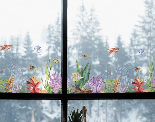 Image of Underwater Dreams Glass Decal 3 ft x 1.6 ft, Vibrant Marine Life Design for Glass & Laminated Surfaces, Peel-and-Stick