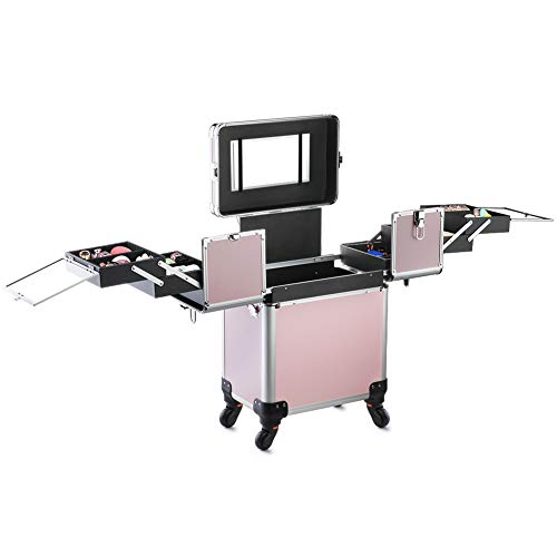 OUDMAY by Amazon - Makeup Case - Professional Rolling Cosmetic Beauty Storage With Mirror and Folding Trays Pink