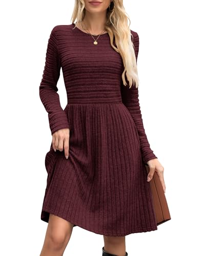 WNEEDU Fall Dresses for Women 2025 Long Sleeve Sweater Dress with Pockets - Casual Knit Crew Neck Winter Outfits