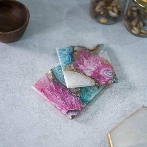 Image of Crystal Agate Stone Coaster Set of 2 Square Table Coaster for Bar Beer Coffee Tea Drinking Coasters for Dining Table Hot Pots -Multicolor