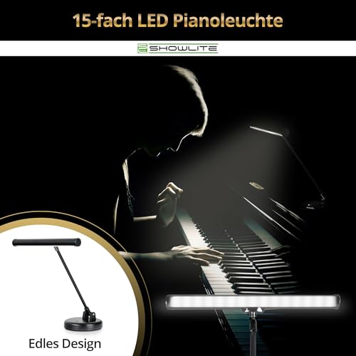 Showlite PL-1-BK-KW LED Klavierleuchte - Klavierlampe mit 15 LEDs - kaltweißes Licht in 2 Stufen - 36 cm Höhe - Betrieb per USB, Netzstrom oder Batterie - schwarz