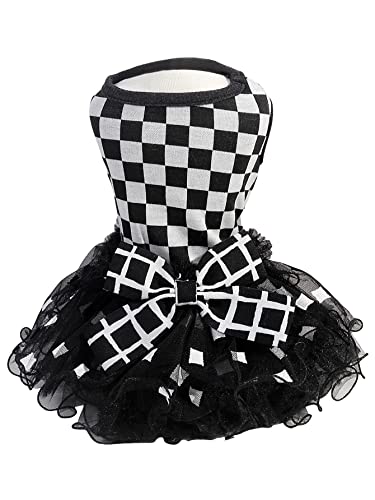 Qwinee Checkerboard Print Bow Decor Pet Dress Cat Dog Mesh Princess Dress Cute Puppy Dresses Pet Party Birthday Costume For Small Medium Large Girl Cats Dogs Kitten Black And White Xx-Large #TOP23