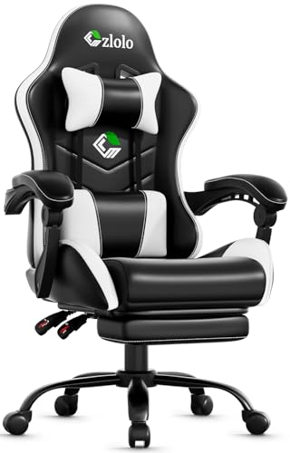 Image of Czlolo Gaming Chair, Ergonomic Office Computer Chair with Footrest and Lumbar Support Massager High Back Video Gamer Chair, Wide&Thick Cushion, 90-135 Recline, Adjustable Height, Cloud White