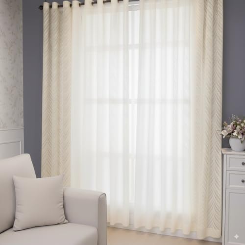Image of Net Curtains Semi Transparent Sheer Zigzag Pattern Door Curtain 9 Feet Long Set of 3 Pcs, Window, Long Door, Living Room Parde, Cream Color