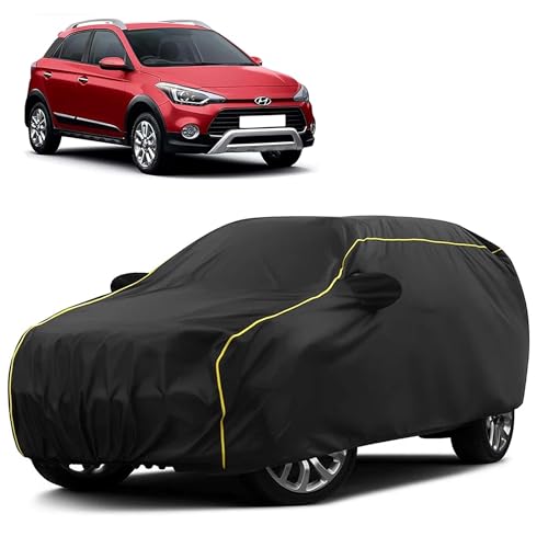 Image of Sulfar 100% Water Resistant Car Body Cover Compatible with Mirror for Hyundai i20 Active (Triple Stitched, Full Bottom Elastic, Black Taffeta with Yellow Piping)
