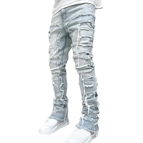 Mens Stacked Jeans Relaxed Fit Straight Leg Skinny Jeans Ripped Slim Stretch Jeans Denim Pants Tapered Leg Moto Biker Jeans