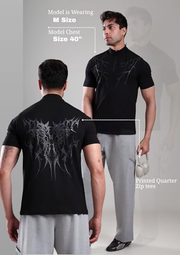 Image of GROW Stylish Gym T Shirts for Men Workout | Cotton and Spandex Quarter Zip Back Printed Collar T Shirts for Men Half Sleeves