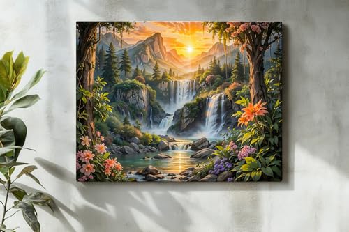Image of ArtX Canvas Step Waterfall Painting Vastu, Big Size Scenery, Water Stream, Mountain Painting Vastu Water Fall, Rising Sun Wall Decor, Multicolor, Nature, 58.0 X 45.0 cm, Set of 1