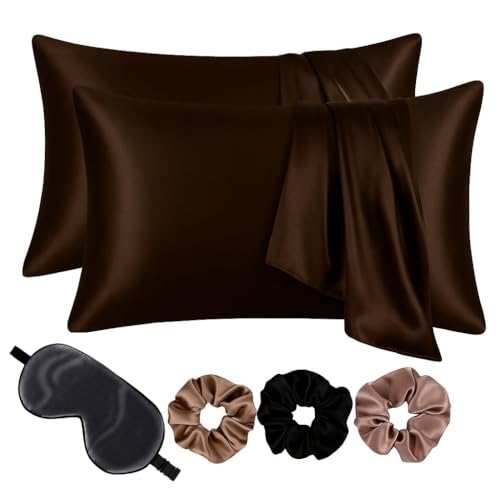 Image of Premium Satin Pillowcase Set of 2 with Eye Mask & 3 Scrunchies | Silky Soft, Anti-Frizz, Skin & Hair Care Sleep Set | Luxury Gift Combo for Women & Girls (Brown)