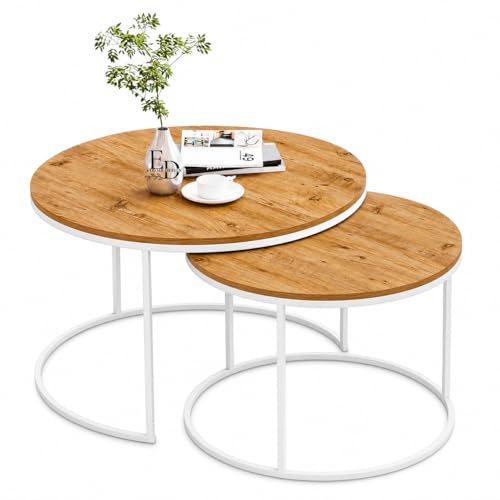 EMIDECO Tables Basses Gigognes Rondes Lot de 2 Bois Clair Métal Blanc - Design Scandinave - Ensemble Gain de Place Élégant