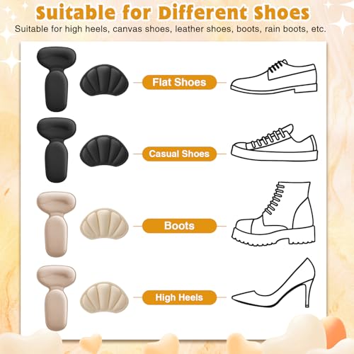 Image of Geyoga 8 Pairs Adhesive Heel Cushion Pads for Too Loose Big Boots Cuttable Reusable Back of Heel Shoe Pads Grips Inserts for Women Men Anti Blister Shoe Guards Liners for Improving Fit(Black, Beige)