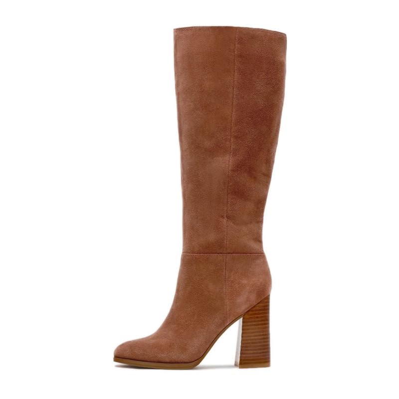 Erocalli Knee High Fall Faux Suede Tall Long Boots Wide Calf Chunky Block High Heel Fashion Boot Round
