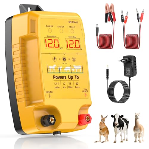 12KM Valla Eléctrica para Ganado y Animales, Electrificador de Cerca con Salida de 12kV 3.0J y Pantalla LCD, Protección para Caballos, Ovejas, Perros, Jardines, Pastos y Granjas (Naranja)