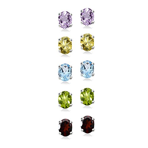 5-Pair Set Sterling Silver Amethyst, Blue Topaz, Citrine, Garnet & Peridot 6X4Mm Oval Stud Earrings #TOP1
