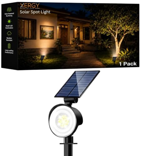 Image of XERGY Solar LED Spot Lights | Waterproof Outdoor Landscape Lighting | 3 Brightness Modes | Adjustable Head | 2 Install Options (Wall Mount & Ground Stake) | Auto On /Off for Garden, Lawn & Pathway