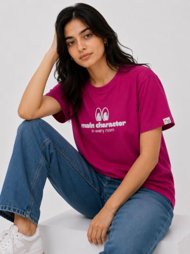 Image of Main Character in Every Room Graphic Print T-Shirt, Hot Pink, Round Neck, Short Sleeve Cotton T-Shirt for Women