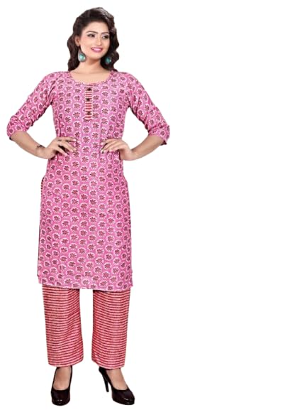 Women's Cotton Blend Printed Straight Kurta with Pant & Dupatta (IN, Alpha, M, Orange & Pink)