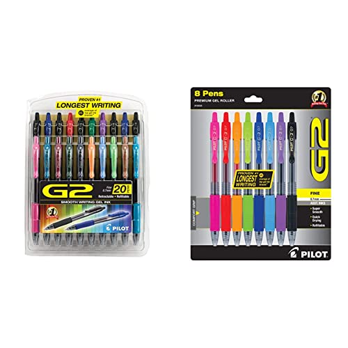 PILOT G2 Premium Refillable & Retractable Rolling Ball Gel Pens, Fine Point, Assorted Color Inks, 20-Pack & G2 Premium Refillable And Retractable Gel Ink Pens, Fine Point (0.7mm), 8 Colors, 8 Count
