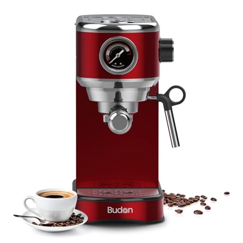 Image of Budan Bolt Espresso Coffee Machine | 19 Bar Pressure Indicator | Milk Frother Wand for Cappuccino, Latte | 1450W Quick Heating | Stainless Steel | Glossy Red | 1-Year Home Use Warranty