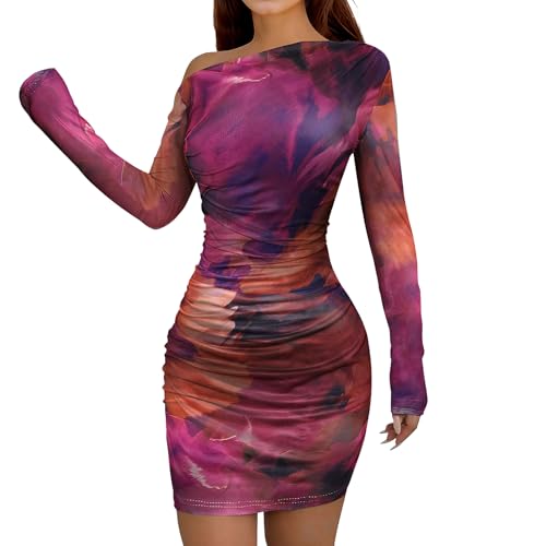 Image of Women's Long Sleeve Bodycon Mini Dress Tie Dye Print Slim Fit Asymmetrical Neck Elegant Formal Ruched Short Dresses