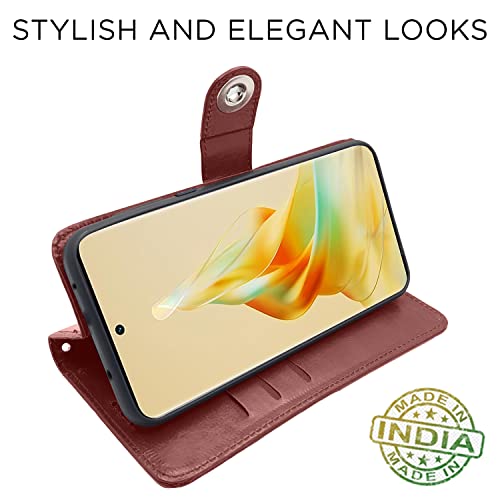 Image of Pikkme Oppo Reno 8T 5G Flip Cover Leather Finish | Inside TPU with Card Pockets | Wallet Stand and Shock Proof | Complete Protection Button Flip Case (Brown)