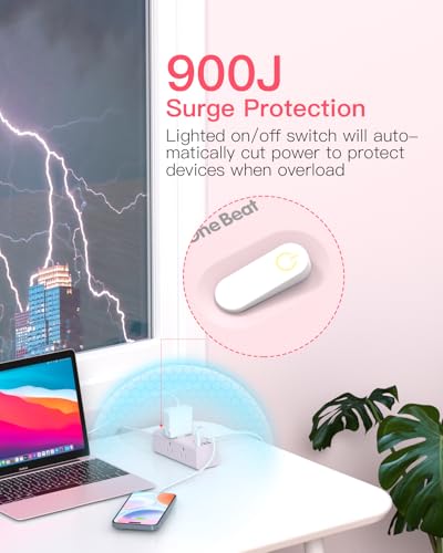 Image of 5Ft Extension Cord with Multiple Outlets, Flat Plug Power Strip Surge Protector with 5 Ft Long Cord, 6 Outlet 4 USB Ports (2 USB C), Multi Outlet Wall Plug for College, Dorm Room Essentials(Pink)