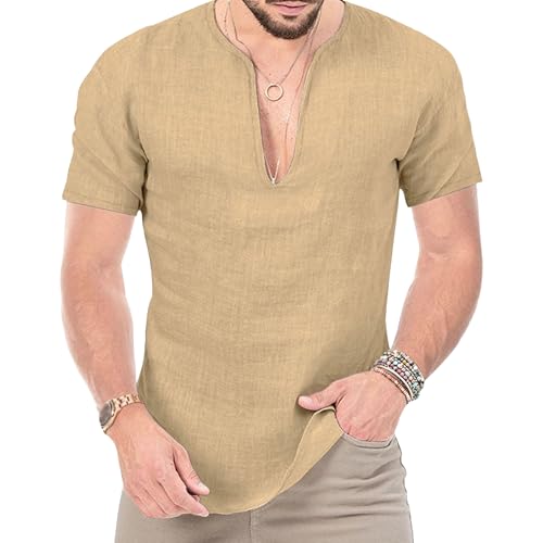 VgueElegc V-Neck Bodybuilding Workout Tee Lightweight Cotton Linen Henley Shirt Casual Short Sleeve Beach T Shirts for Men (Dark Khaki,XX-Large)