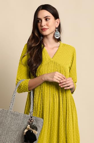 Image of Janasya Women's Dobby Chiffon Self Design Flared Kurta