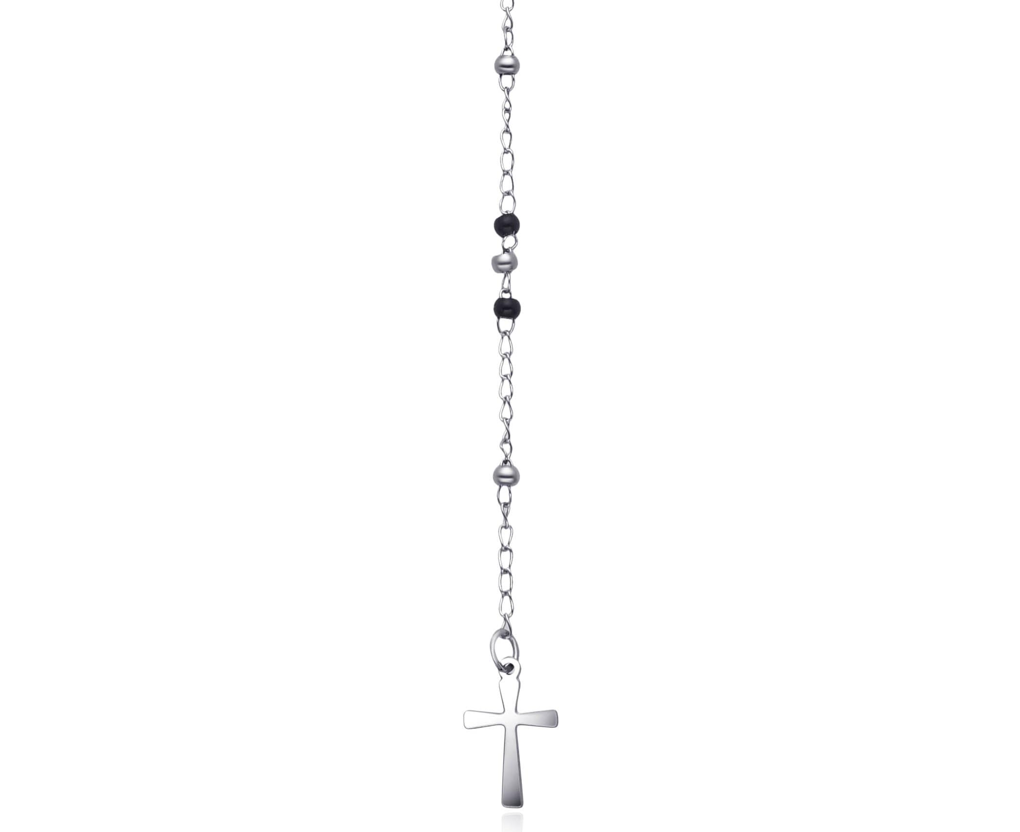 Dada Gioielli - Collana Rosario Uomo Donna Sfere Acciaio Argentato e Nero. Rosario moderno con medaglietta Madonna Miracolosa e croce