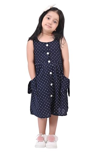 Image of minicult Kids Printed Cotton Frock Dress for Baby Girls|Comfortable Summer Wear Western Dress| Knee Length, Bachho ki Frock for Birthday, Evening Navy Blue