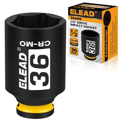 ELEAD 36mm Socket 1/2 Drive Deep Impact Socket Metric 6 Point 1/2-inch Drive Impact Axle Nut Sockets CR-MO Nut Socket Set Oil Filter Sockets Tools for Easy Removal of Axle Shaft Nuts
