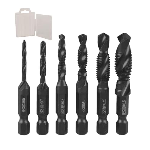 6 Pack Combination Drill Tap Bit Set Tapping Tools M3 0.5 M4 0.7 M5 0.8 M6 1.0 M8 1.25 M10 1.5 Anti Rust Black Coating 6mm Hex Shank Storage Case Metric Drill Tap Set for Metal Wood Plastic