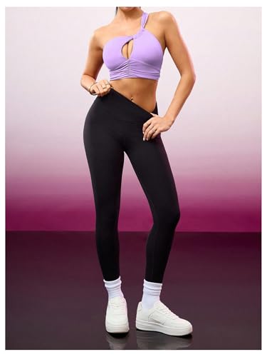 OYOANGLE Womens One Shoulder Sports Bras Twist Asymmetric Hollow Out Left Strap Yoga Workout Cute Support Sport Bras4