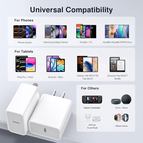 Image of 30W USB C Charger, 2 Pack Wall Fast Charger Block Power Adapter Charging Cube Compatible with iPhone 16 /Pro /Pro Max /Plus /15 /14 /13 /12, iPad Air, AirPods 4 /3 /2 /Pro, Apple Watch 10 /Ultra 2, Galaxy