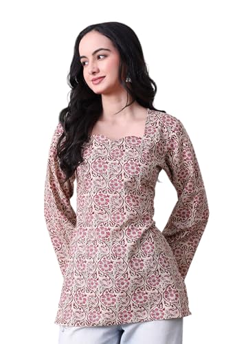 Image of MEERA FAB Women's Floral Printed Cotton Short Top | Daabu Printed Kurta with Full Sleeves | Short Kurti for Women