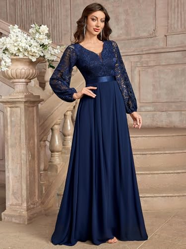 Miusol Women's Wedding Guest A-Line Dress Floral Lace Deep V Neck Long Sleeve Formal Evening Gown3