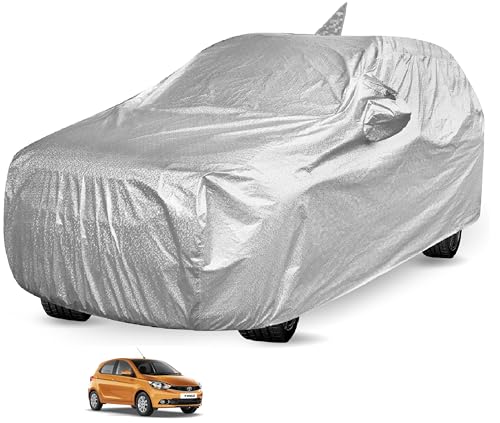 Image of Auto Hub Waterproof Car Cover Compatible with Tata Tiago with Front Antenna & Mirror Pocket, Soft Cotton Lining, Waterproof Tiago Car Cover- Metallic Silver