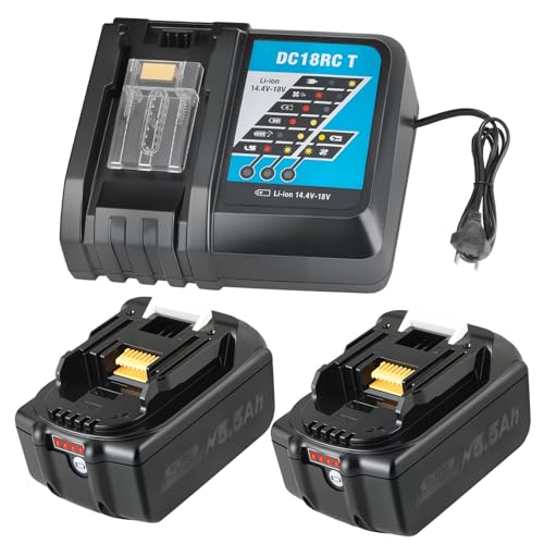 2X 18V 5.5Ah Ensemble de batteries de remplacement pour Makita + Chargeur DC18RC Batterie haute performance avec chargeur rapide 3A pour BL1860B, BL1850, BL1840B,...