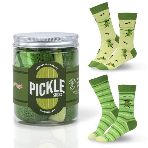 POPCRAZE Pickle Novelty Crew Socks Big Dill Funny Design Green Striped Pattern 2 Pairs in Mason Jar Packaging Unisex