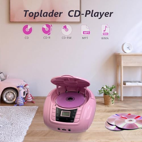 Image of LONPOO CD Player Portable Boombox with FM Radio /USB /Bluetooth /AUX Input and Earphone Jack Output, Stereo Sound Speaker & Audio Player,Pink