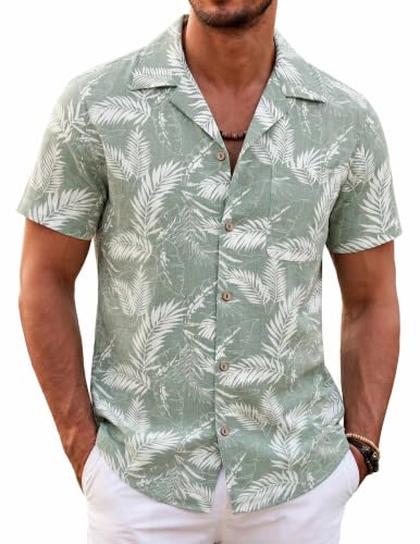 COOFANDY Men Hawaiian Floral Shirts Loose Fit Tropical Holiday Linen Beach Shirts