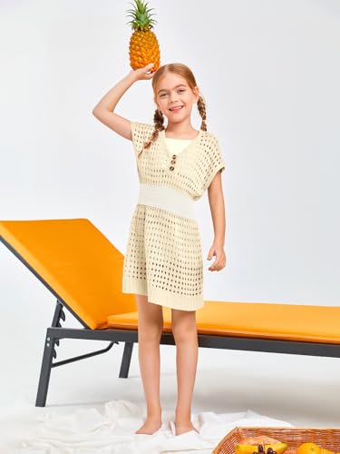 Image of Haloumoning Girls Crochet Swim Beach Cover Up Kids Fashion Button Short Sleeve Swimsuits Cover Ups 5-14 Years