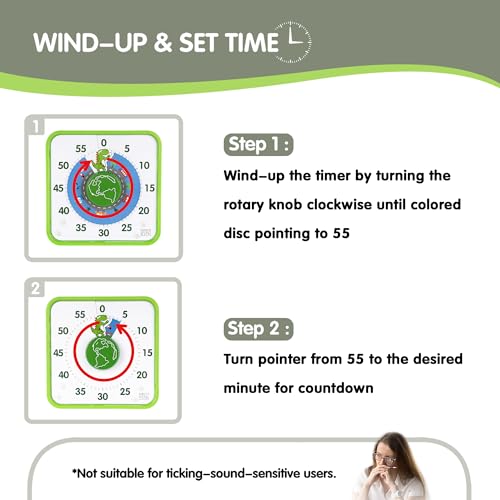 TWENTY5 SEVEN Countdown Timer 7.5 inch, 60 Minute 1 Hour Visual Timer for Classroom Teaching Tool Office Meeting, Mechanical Countdown Clock for Kids Exam Time Management Magnetic, Green Dinosaur - Image 3
