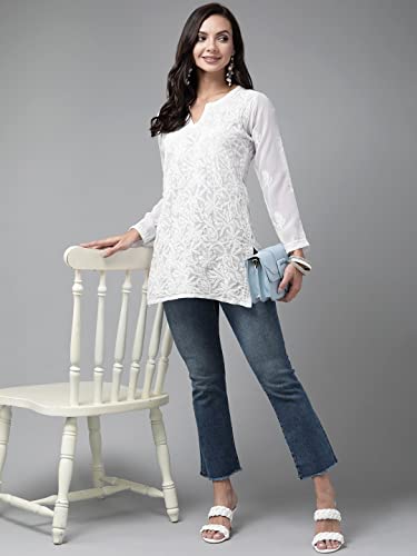 Image of Ada Women's Georgette Regular Fit Chikankari Hand Embroidered Lucknow Short Kurti Top A911224