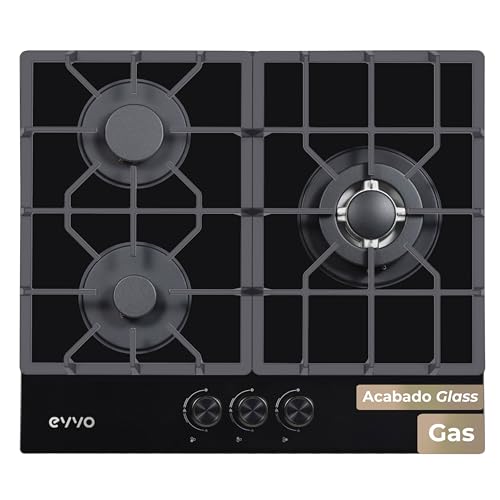 Placa de Gas EVVO V66 Glass, 3 Quemadores con Wok, Cristal Templado Negro, Encendido Eléctrico, Gas Natural y Butano