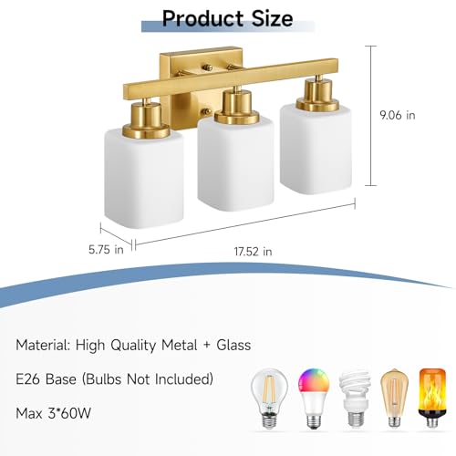 Image of Bathroom Vanity Light,3-Light Gold Modern Bathroom Light Fixtures with Square Frosted Glass,Gold Wall Lamp Sconces for Mirror Bedroom,Living Room Hallway, E26