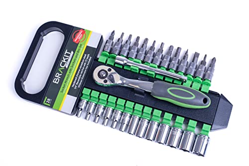 Brackit 28-Piece Socket Wrench Set, 1/4″ Drive 72-Tooth Reversible Ratchet with Quick Release, Non-Slip Comfortable Grip